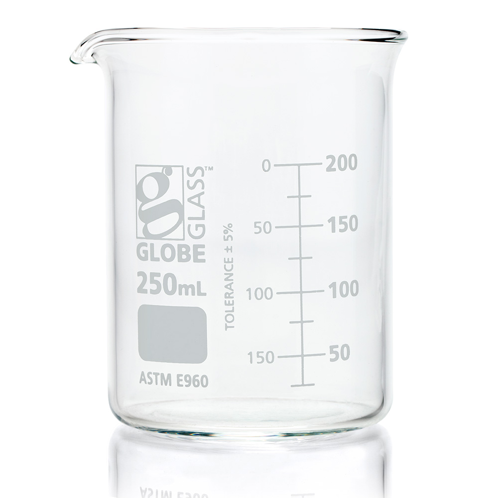 Globe Scientific Beaker, Globe Glass, 250mL, Low Form Griffin Style, Dual Graduations, ASTM E960, 12/Box beaker;beaker science;beaker glass;beaker chemistry;beaker lab;250 ml beaker;100 ml beaker;50 ml beaker